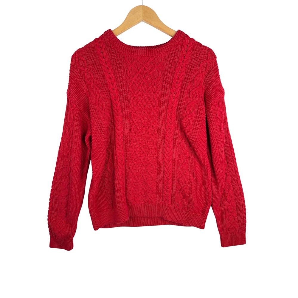 J. Crew Women's Cable-Knit Cotton Crewneck Sweater size Large Red Classic Knit